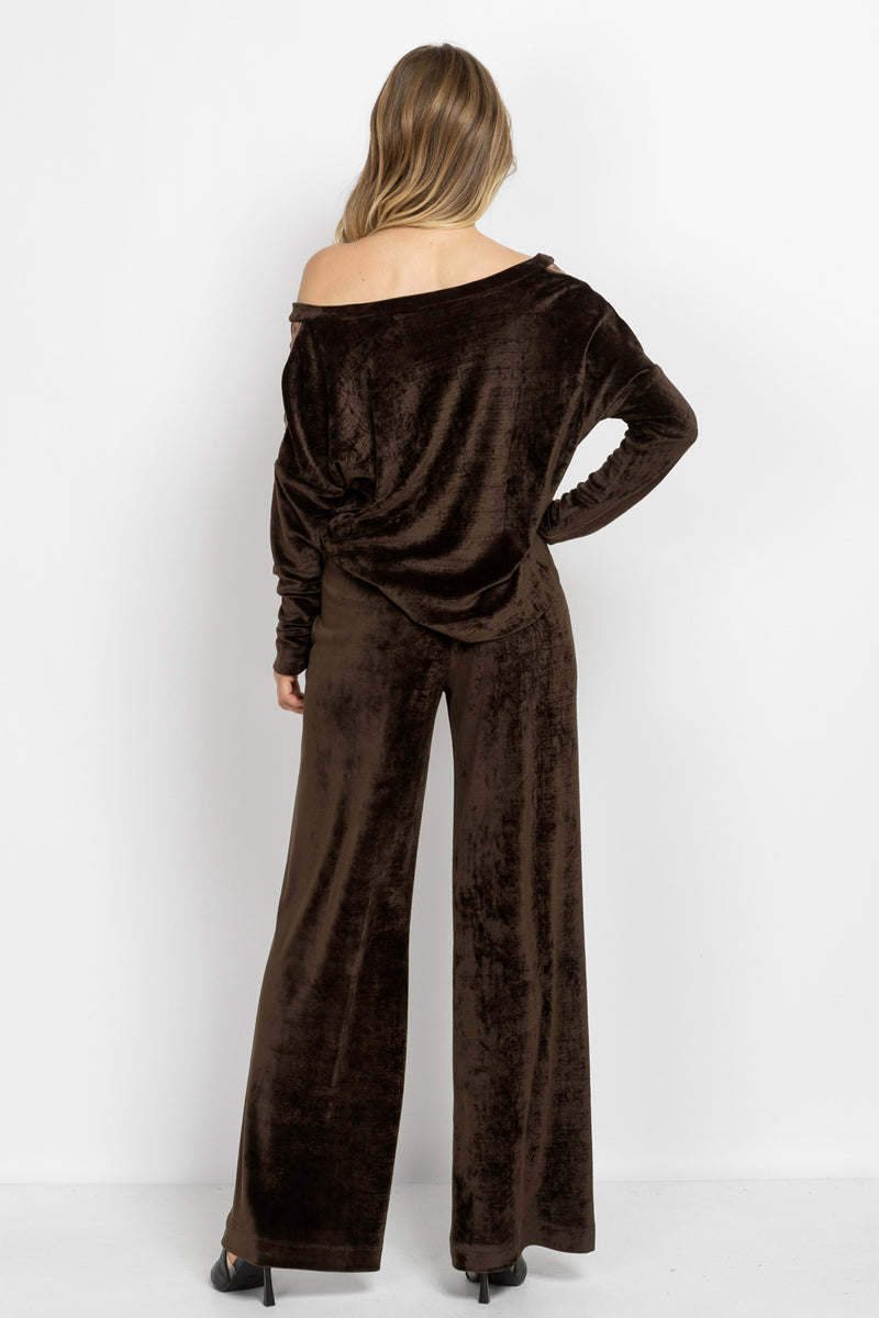 TRUFFLE VELVET WIDE-LEG PANTS WITH MOCHA MOUSSE LOGO WAISTBAND - ESSENTIALS