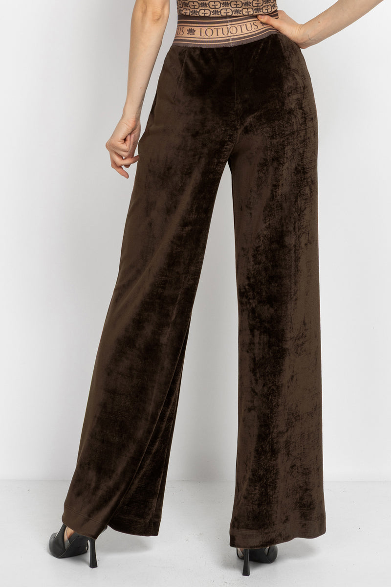 TRUFFLE VELVET WIDE-LEG PANTS WITH MOCHA MOUSSE LOGO WAISTBAND - ESSENTIALS