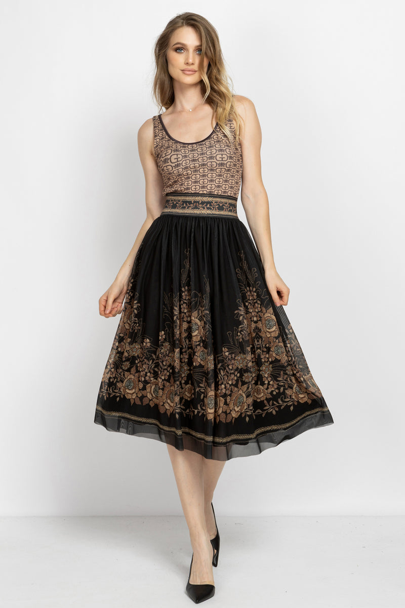 MESH SKIRT WITH ELASTIC WAIST AND VISCOSE LINING - GOLDEN ROSES