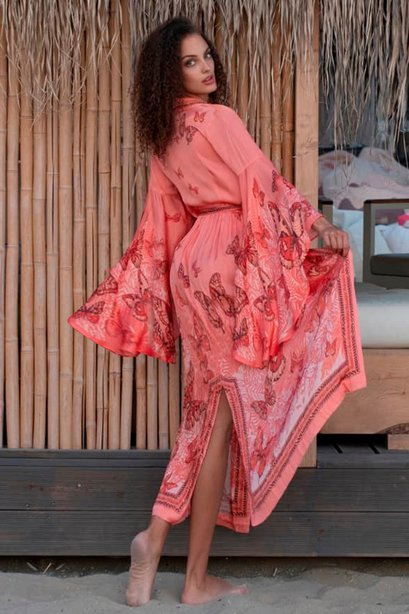 VISCOSE KIMONO WITH DRAPED BACK AND SHAWL COLLAR - PAPAYA BUTTERFLIES JIORO КИМОНО ОТ ВИСКОЗА С ШАЛ ЯКА И ДРАПИРАН ГРЪБ - PAPAYA BUTTERFLIES JIORO