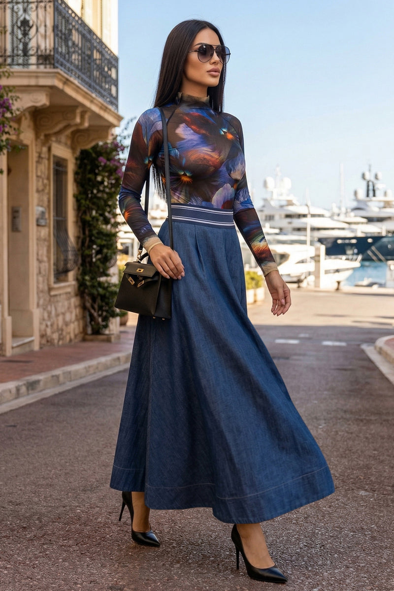 LONG DENIM SKIRT WITH ELASTIC WAIST AND SIDE POCKETS - ESSENTIALS