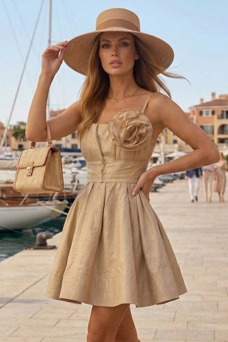 A-LINE CORSET LINEN-VISCOSE DRESS WITH FLORAL DETAILS - ESSENTIALS JIORO РОКЛЯ С КОРСЕТНА ГОРНА ЧАСТ ОТ ЛЕН И ВИСКОЗА В ЗЛАТИСТО - ESSENTIALS JIORO