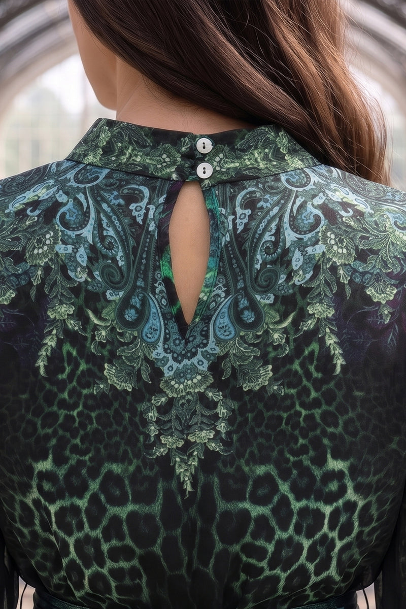 SATÉNOVÝ VISKÓZOVÝ KAFTAN S PEŘÍM - LEO NEONOVĚ ZELENÝ