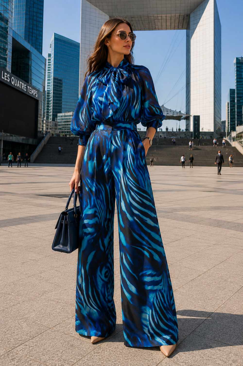 BOHEMIAN BLOUSE WITH PUFF SLEEVES AND TIE-FRONT COLLAR - SHADES OF BLUE JIORO БОХЕМСКА РИЗА ОТ ШИФОН С БОГАТИ РЪКАВИ И ВРЪЗКА - SHADES OF BLUE JIORO