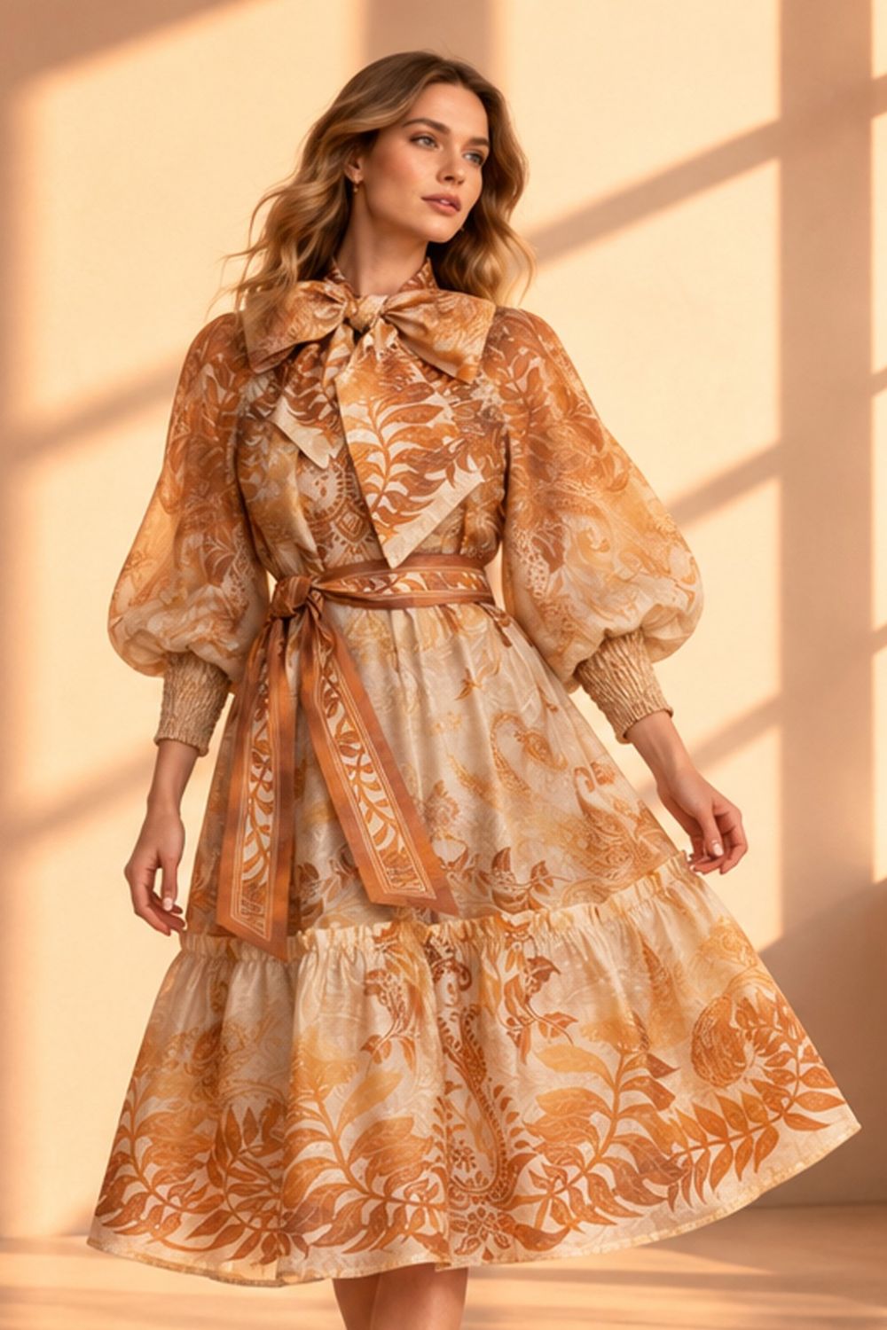FLARED LYOCELL DRESS WITH BOW - SUNSET