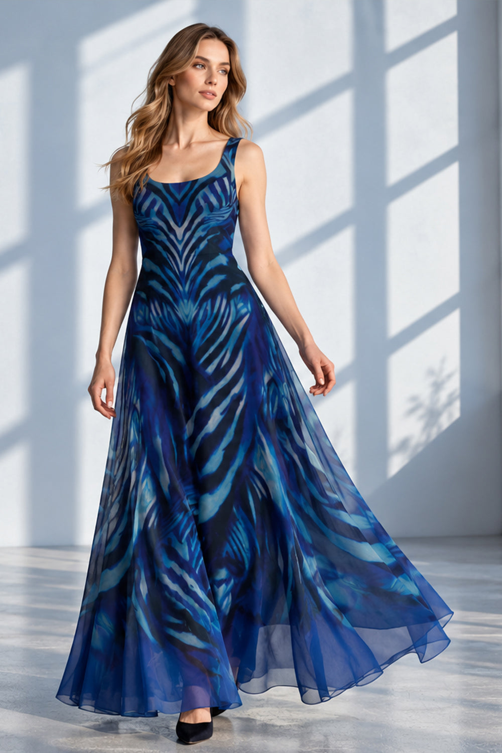 SLEEVELESS LONG MESH DRESS WITH SOFT MODAL LINING - SHADES OF BLUE
