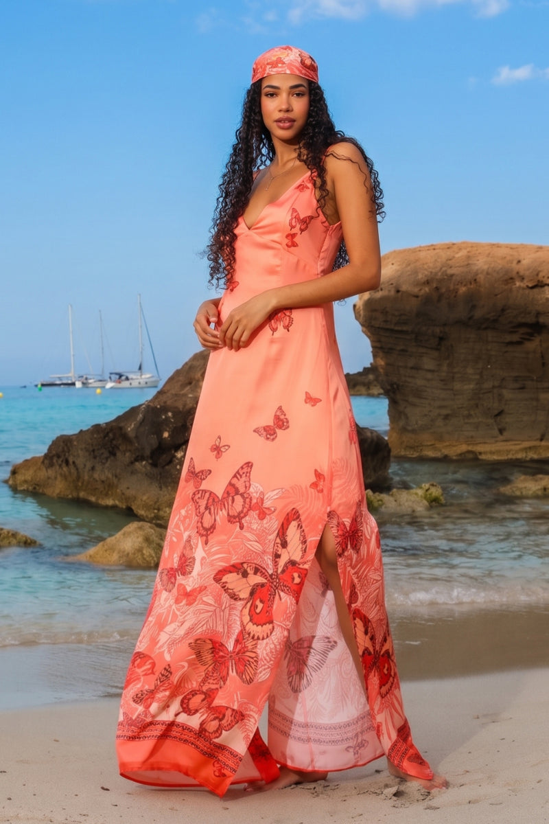 VISCOSE SLIP DRESS WITH OPEN BACK AND THIN STRAPS - PAPAYA BUTTERFLIES JIORO РОКЛЯ ОТ ВИСКОЗА С ОТВОРЕН ГРЪБ И ТЪНКИ ПРЕЗРАМКИ - PAPAYA BUTTERFLIES JIORO