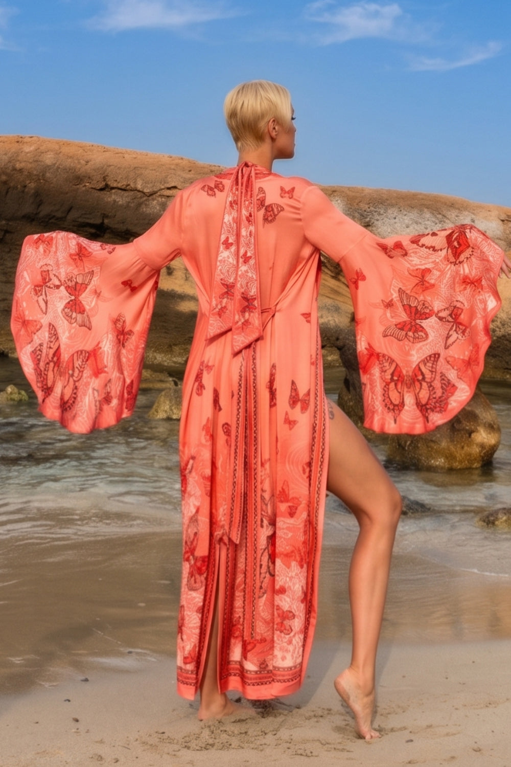 VISCOSE KIMONO WITH DRAPED BACK AND SHAWL COLLAR - PAPAYA BUTTERFLIES JIORO КИМОНО ОТ ВИСКОЗА С ШАЛ ЯКА И ДРАПИРАН ГРЪБ - PAPAYA BUTTERFLIES JIORO