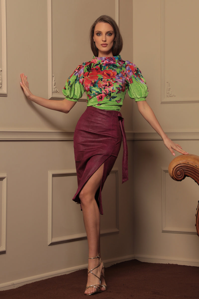 SUEDE-EFFECT BURGUNDY WRAP SKIRT - ESSENTIALS JIORO ПОЛА ОТ ВЕЛУР В ЦВЯТ БОРДО - ESSENTIALS JIORO