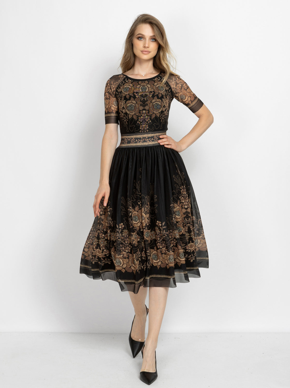 MESH SKIRT WITH ELASTIC WAIST AND VISCOSE LINING - GOLDEN ROSES