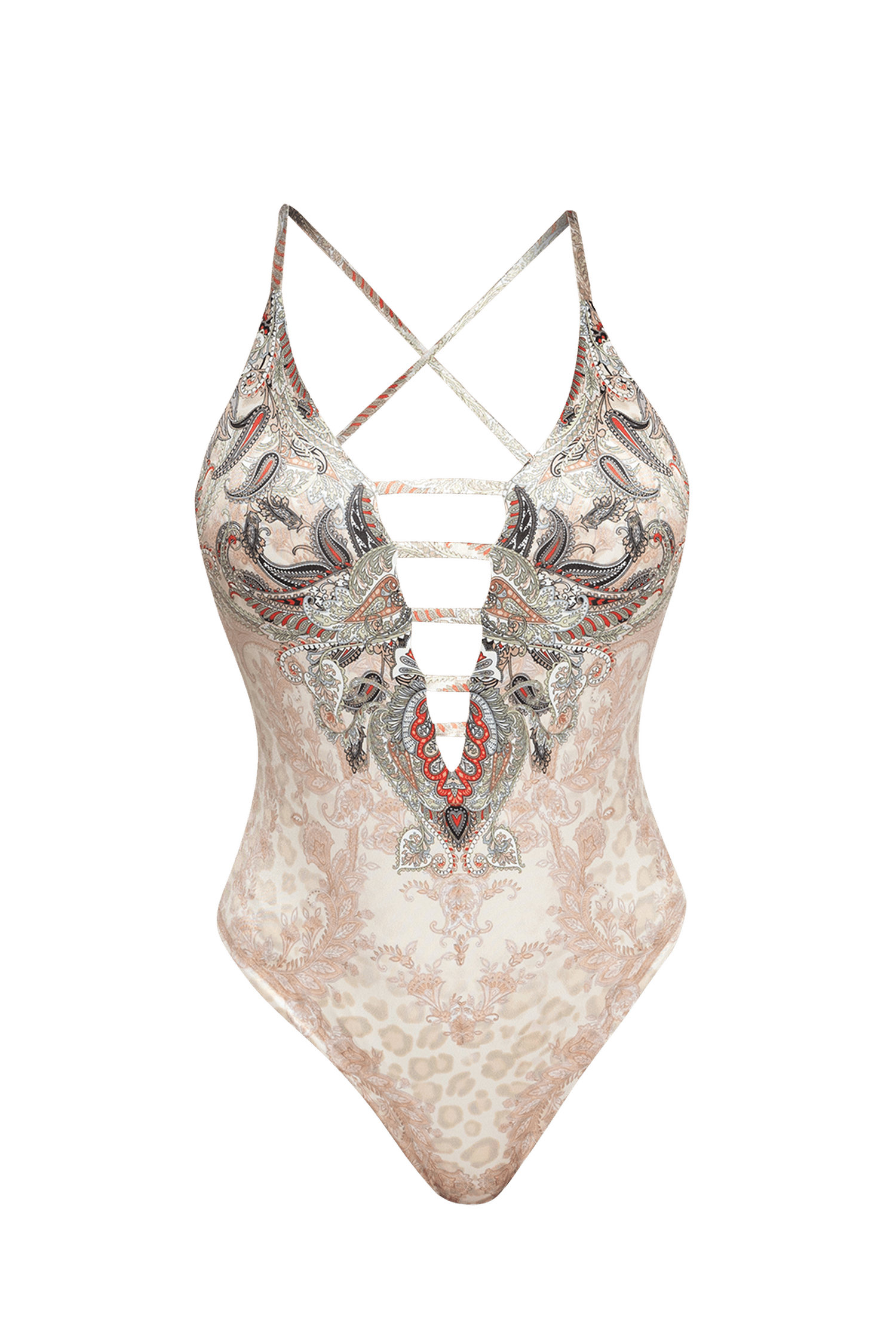 ONE-PIECE DEEP V-NECK SWIMSUIT – PAISLEY BEIGE JIORO БАНСКИ С ДЪЛБОКО ДЕКОЛТЕ – PAISLEY BEIGE JIORO