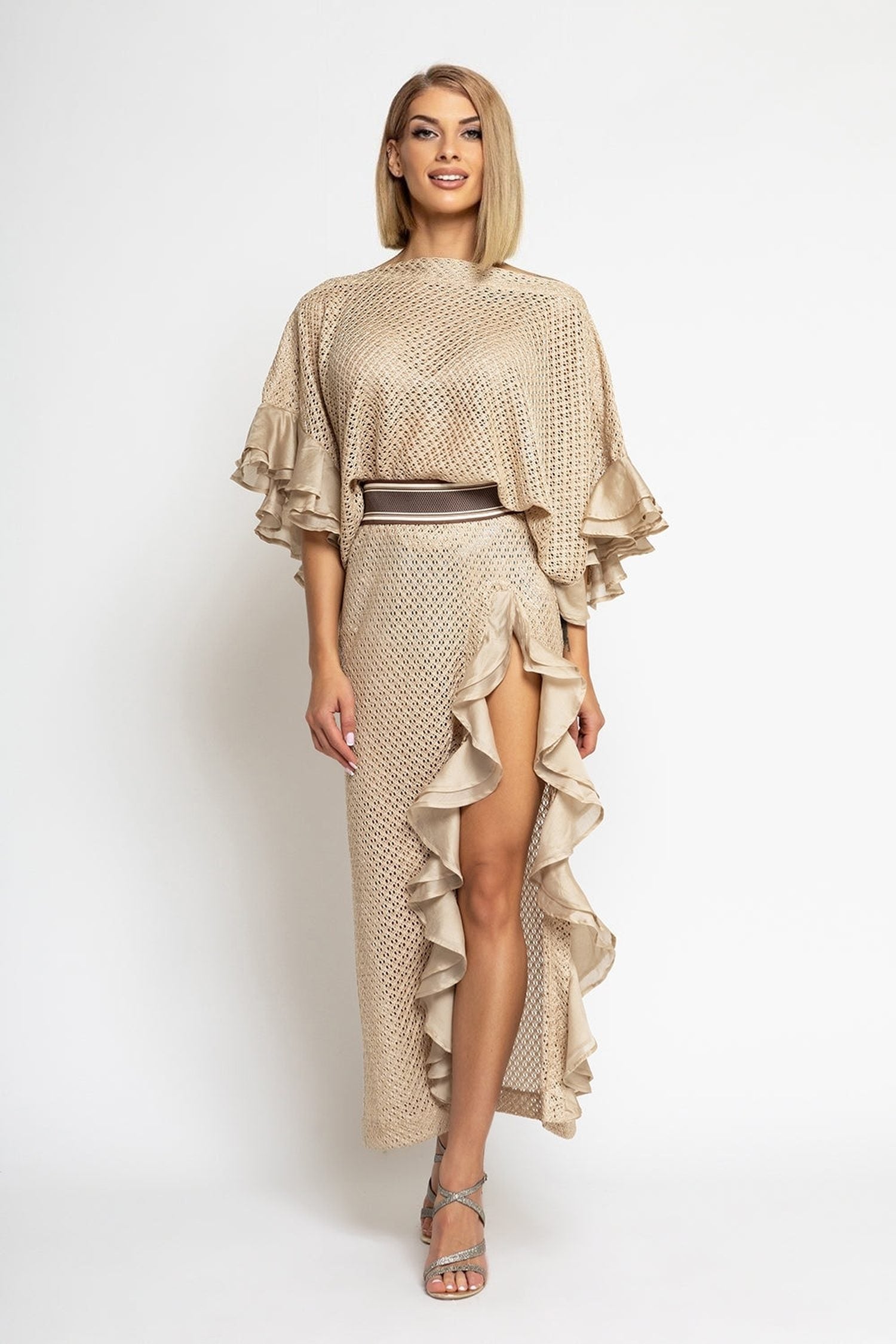 LONG COTTON MESH SKIRT WITH RUFFLES IN BEIGE – ESSENTIALS JIORO ДЪЛГА ПОЛА ОТ ПАМУЧНА МРЕЖА С ВОЛАНИ - ESSENTIALS JIORO