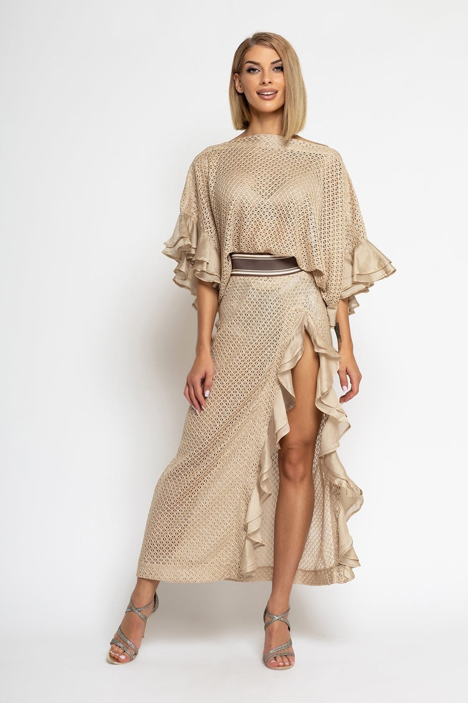 LONG COTTON MESH SKIRT WITH RUFFLES IN BEIGE – ESSENTIALS JIORO ДЪЛГА ПОЛА ОТ ПАМУЧНА МРЕЖА С ВОЛАНИ - ESSENTIALS JIORO