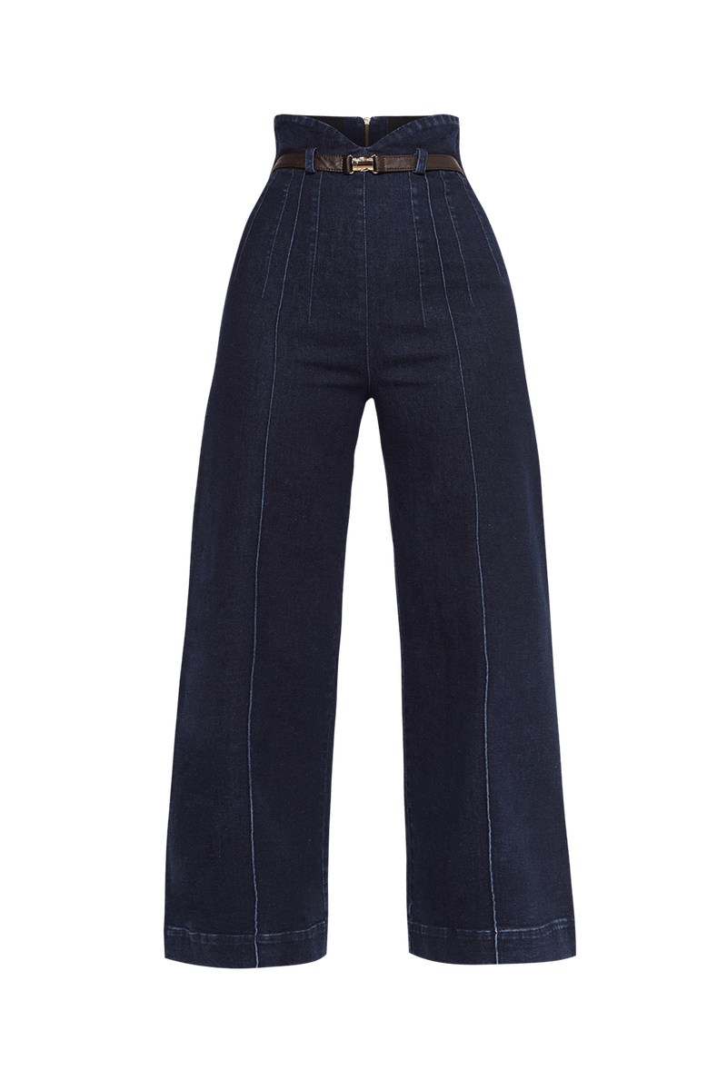 HIGH WAIST WIDE LEG DARK DENIM PANTS - ESSENTIALS