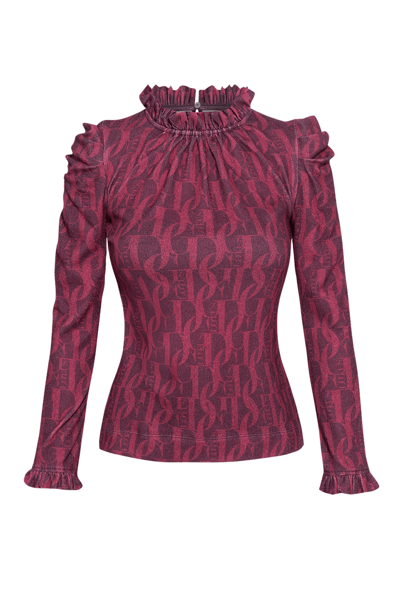 BLOUSE WITH GATHERED NECKLINE AND LOGO PRINT - BURGUNDY LOGO JIORO БЛУЗА ОТ ФИНО ПЛЕТИВО - BURGUNDY LOGO JIORO