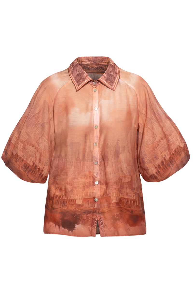 3/4-SLEEVE SHIRT WITH ELASTIC HEM AND SHELL BUTTON PLASTRON IN VISCOSE-SILK - ANCIENT TOWN JIORO РИЗА С 3/4 РЪКАВ ОТ ВИСКОЗА И КОПРИНА - ANCIENT TOWN JIORO