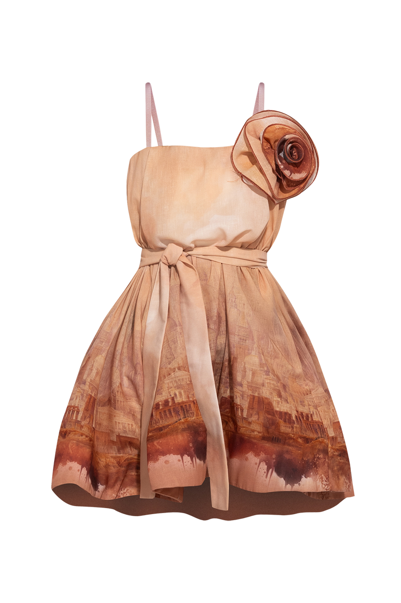 A-LINE CORSET LINEN DRESS WITH FLORAL DETAILS - ANCIENT TOWN JIORO ЛЕНЕНА РОКЛЯ А-СИЛУЕТ С КОРСЕТ И АКСЕСОАР ЦВЕТЕ - ANCIENT TOWN JIORO
