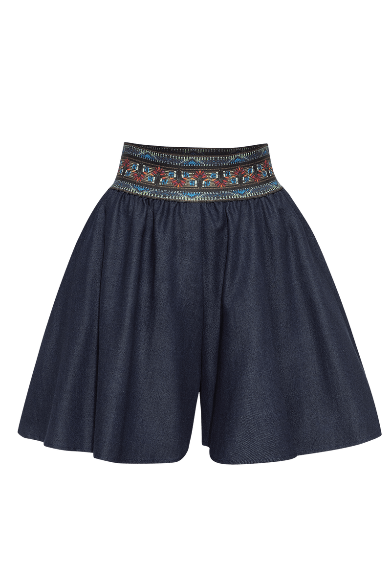 FLARED DENIM TENCEL BERMUDA SHORTS WITH ELASTIC WAIST – ESSENTIALS JIORO РАЗКРОЕНИ ДЪНКОВИ БЕРМУДИ ОТ ТЕНСЕЛ С ЛАСТИК - ESSENTIALS JIORO