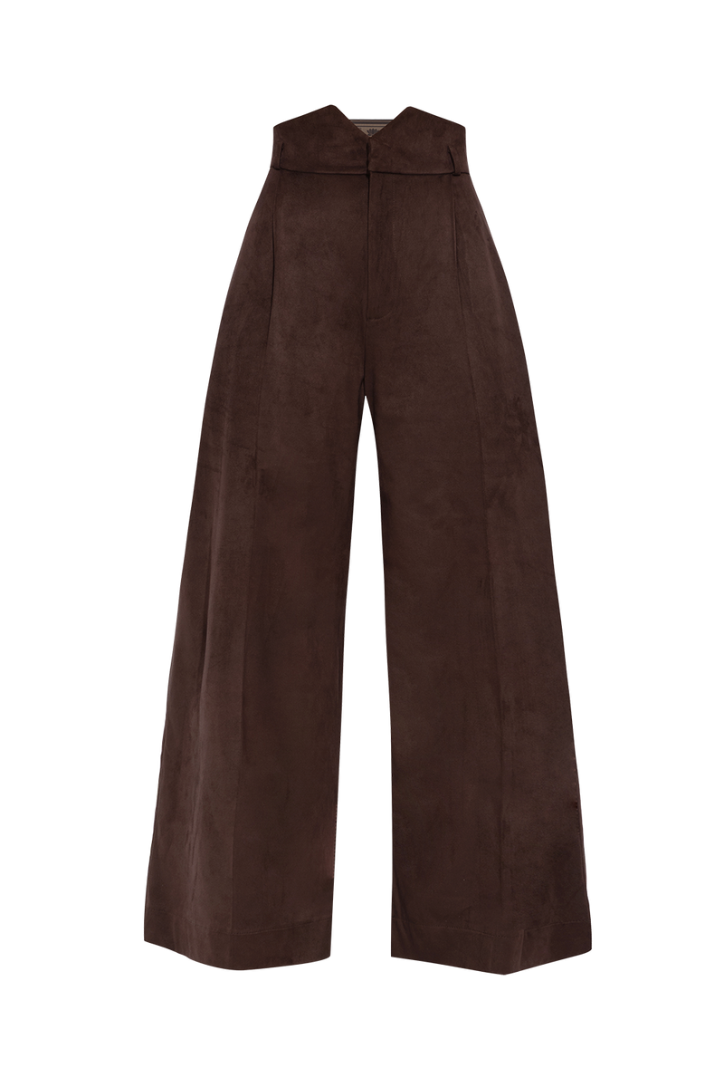 HIGH-WAISTED WIDE-LEG PANTS IN SUEDE-EFFECT DARK BROWN - ESSENTIALS JIORO ПАНТАЛОН С ВИСОКА ТАЛИЯ И ШИРОКИ КРАЧОЛИ С ЕФЕКТ НА ВЕЛУР В КАФЯВО - ESSENTIALS JIORO