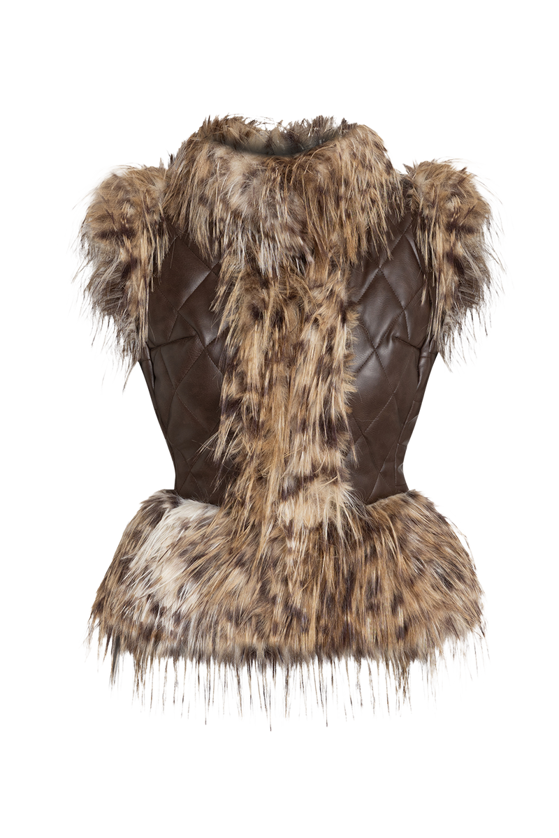 LEATHER-EFFECT GILET WITH SERVAL FUR TEXTURE - ESSENTIALS JIORO ЕЛЕК С ЕФЕКТ НА КОЖА И ИМИТАЦИЯ НА КОСЪМ SERVAL - ESSENTIALS JIORO