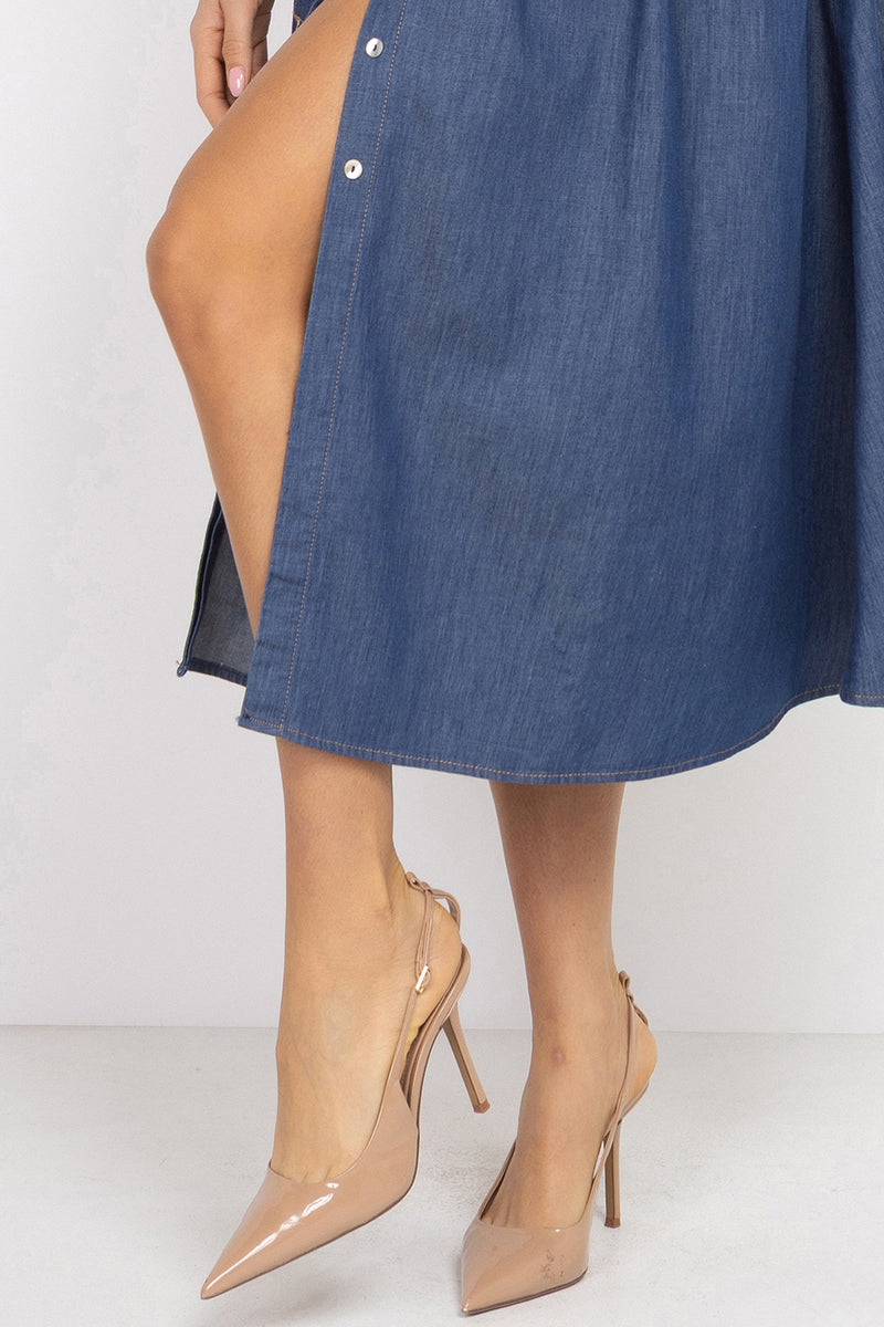 LIGHTWEIGHT DENIM A-LINE SHIRT DRESS - ESSENTIALS JIORO РОКЛЯ ТИП РИЗА ОТ ТЪНЪК ДЕНИМ И ПОДВИЖЕН КОЛАН - ESSENTIALS JIORO