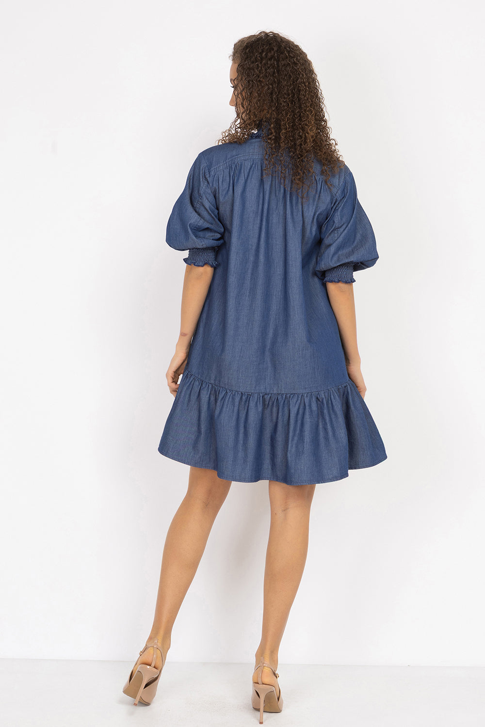 DENIM DRESS WITH ELASTICATED NECKLINE AND BELT - ESSENTIALS JIORO ДЪНКОВА РОКЛЯ С ЛАСТИЧНА ЯКА И КОЛАН - ESSENTIALS JIORO