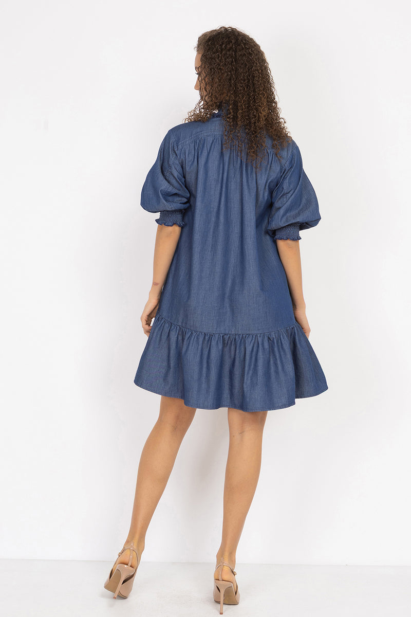 DENIM DRESS WITH ELASTICATED NECKLINE AND BELT - ESSENTIALS JIORO ДЪНКОВА РОКЛЯ С ЛАСТИЧНА ЯКА И КОЛАН - ESSENTIALS JIORO