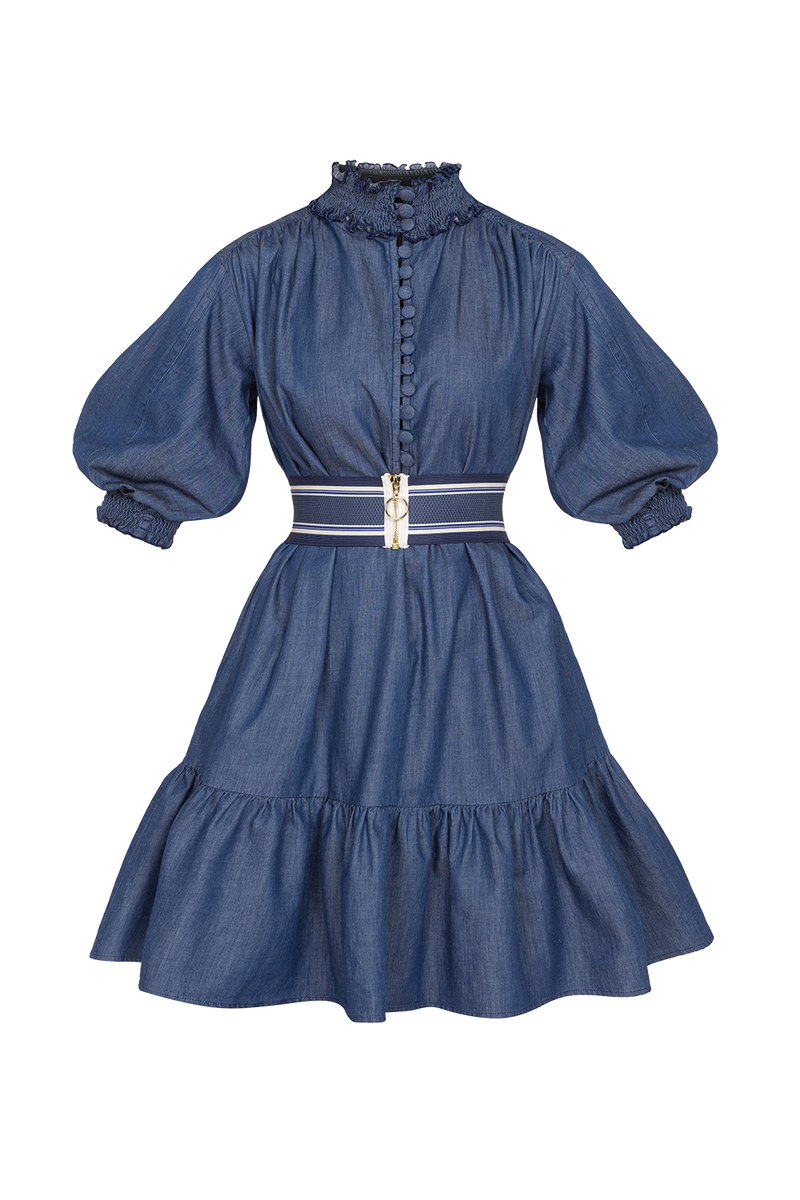 DENIM DRESS WITH ELASTICATED NECKLINE AND BELT - ESSENTIALS JIORO ДЪНКОВА РОКЛЯ С ЛАСТИЧНА ЯКА И КОЛАН - ESSENTIALS JIORO