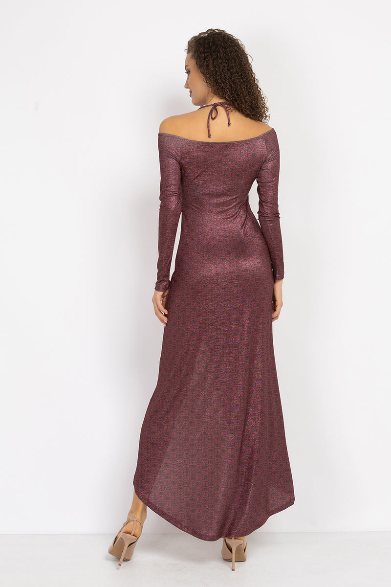 ASYMMETRIC LUREX DRESS WITH KNOT DETAIL AND FRONT DRAWSTRING - BURGUNDY LOGO JIORO АСИМЕТРИЧНА РОКЛЯ ОТ ЛУРЕКС С ВЪЗЕЛ - BURGUNDY LOGO JIORO
