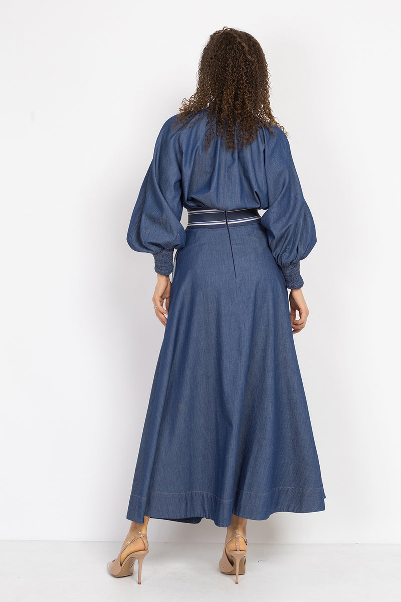 LONG DENIM SKIRT WITH ELASTIC WAIST AND SIDE POCKETS - ESSENTIALS JIORO ДЪЛГА ПОЛА ОТ ДЕНИМ С ЛАСТИК И СТРАНИЧНИ ДЖОБОВЕ - ESSENTIALS JIORO