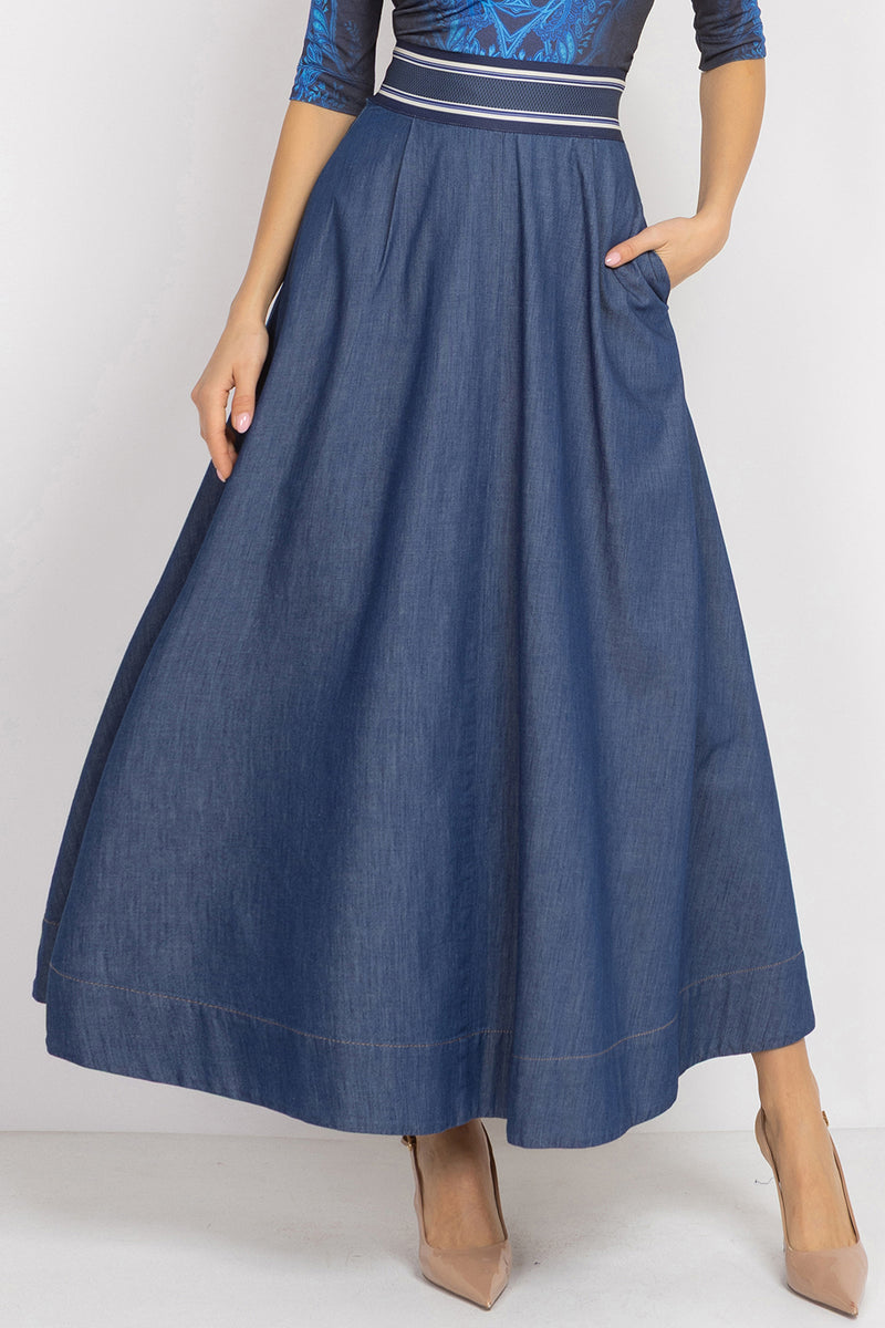 LONG DENIM SKIRT WITH ELASTIC WAIST AND SIDE POCKETS - ESSENTIALS JIORO ДЪЛГА ПОЛА ОТ ДЕНИМ С ЛАСТИК И СТРАНИЧНИ ДЖОБОВЕ - ESSENTIALS JIORO
