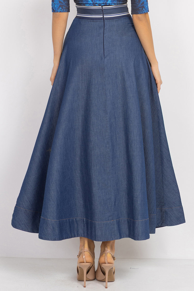 LONG DENIM SKIRT WITH ELASTIC WAIST AND SIDE POCKETS - ESSENTIALS JIORO ДЪЛГА ПОЛА ОТ ДЕНИМ С ЛАСТИК И СТРАНИЧНИ ДЖОБОВЕ - ESSENTIALS JIORO