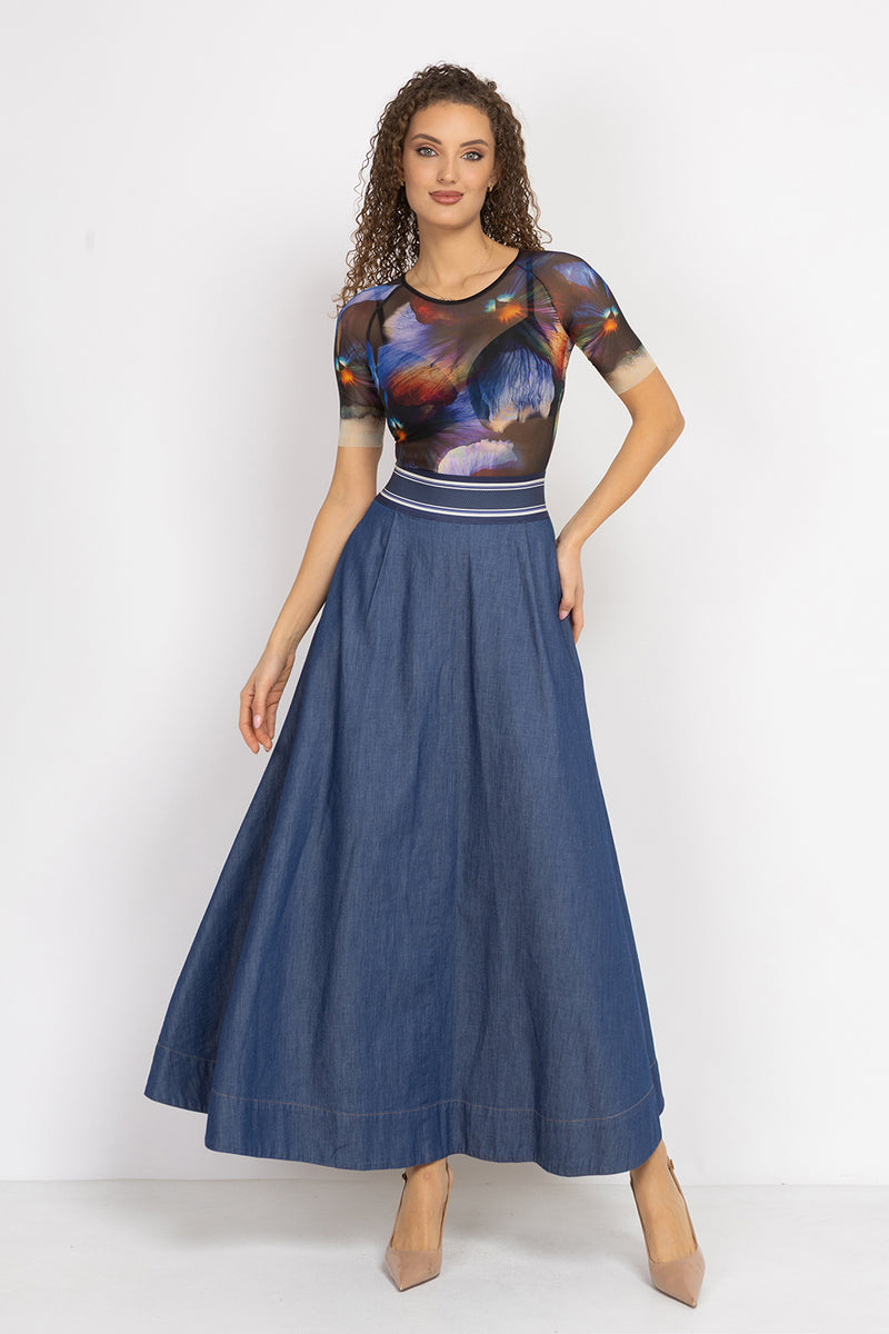 LONG DENIM SKIRT WITH ELASTIC WAIST AND SIDE POCKETS - ESSENTIALS JIORO ДЪЛГА ПОЛА ОТ ДЕНИМ С ЛАСТИК И СТРАНИЧНИ ДЖОБОВЕ - ESSENTIALS JIORO