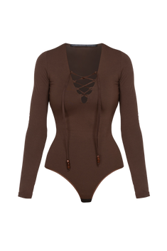 BROWN VISCOSE STRETCH BODYSUIT WITH DEEP V-NECK AND SUEDE TIE DETAIL - ESSENTIALS JIORO КАФЯВО БОДИ ОТ ВИСКОЗА С ДЪЛБОКО V-ОБРАЗНО ДЕКОЛТЕ И ВЕЛУРЕНИ ВРЪЗКИ - ESSENTIALS JIORO