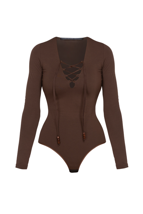 BROWN VISCOSE STRETCH BODYSUIT WITH DEEP V-NECK AND SUEDE TIE DETAIL - ESSENTIALS JIORO КАФЯВО БОДИ ОТ ВИСКОЗА С ДЪЛБОКО V-ОБРАЗНО ДЕКОЛТЕ И ВЕЛУРЕНИ ВРЪЗКИ - ESSENTIALS JIORO
