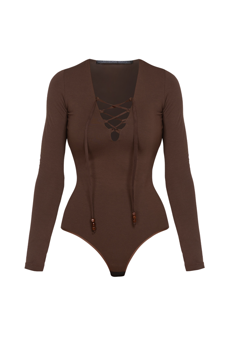 BROWN VISCOSE STRETCH BODYSUIT WITH DEEP V-NECK AND SUEDE TIE DETAIL - ESSENTIALS JIORO КАФЯВО БОДИ ОТ ВИСКОЗА С ДЪЛБОКО V-ОБРАЗНО ДЕКОЛТЕ И ВЕЛУРЕНИ ВРЪЗКИ - ESSENTIALS JIORO