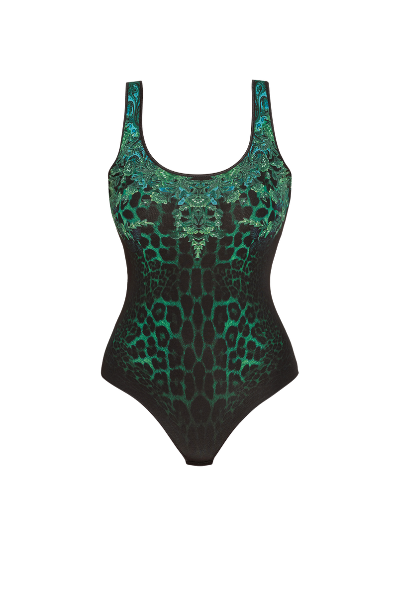 MESH BODYSUIT WITH DEEP SCOOP NECKLINE AND MODAL LINING - LEO NEON GREEN JIORO БОДИ ОТ МРЕЖА БЕЗ РЪКАВИ С ДЪЛБОКО ОБЛО ДЕКОЛТЕ И ПОДПЛАТА ОТ МЕК МОДАЛ - LEO NEON GREEN JIORO