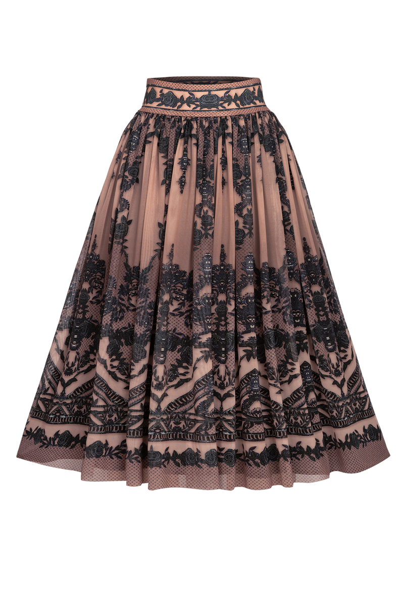 MESH SKIRT WITH ELASTIC WAIST AND VISCOSE LINING - GRAFFITI POWDER JIORO МИДИ ПОЛА ОТ МРЕЖА С ЕЛАСТИЧЕН КОЛАН И ПОДПЛАТА ОТ ВИСКОЗА - GRAFFITI POWDER JIORO
