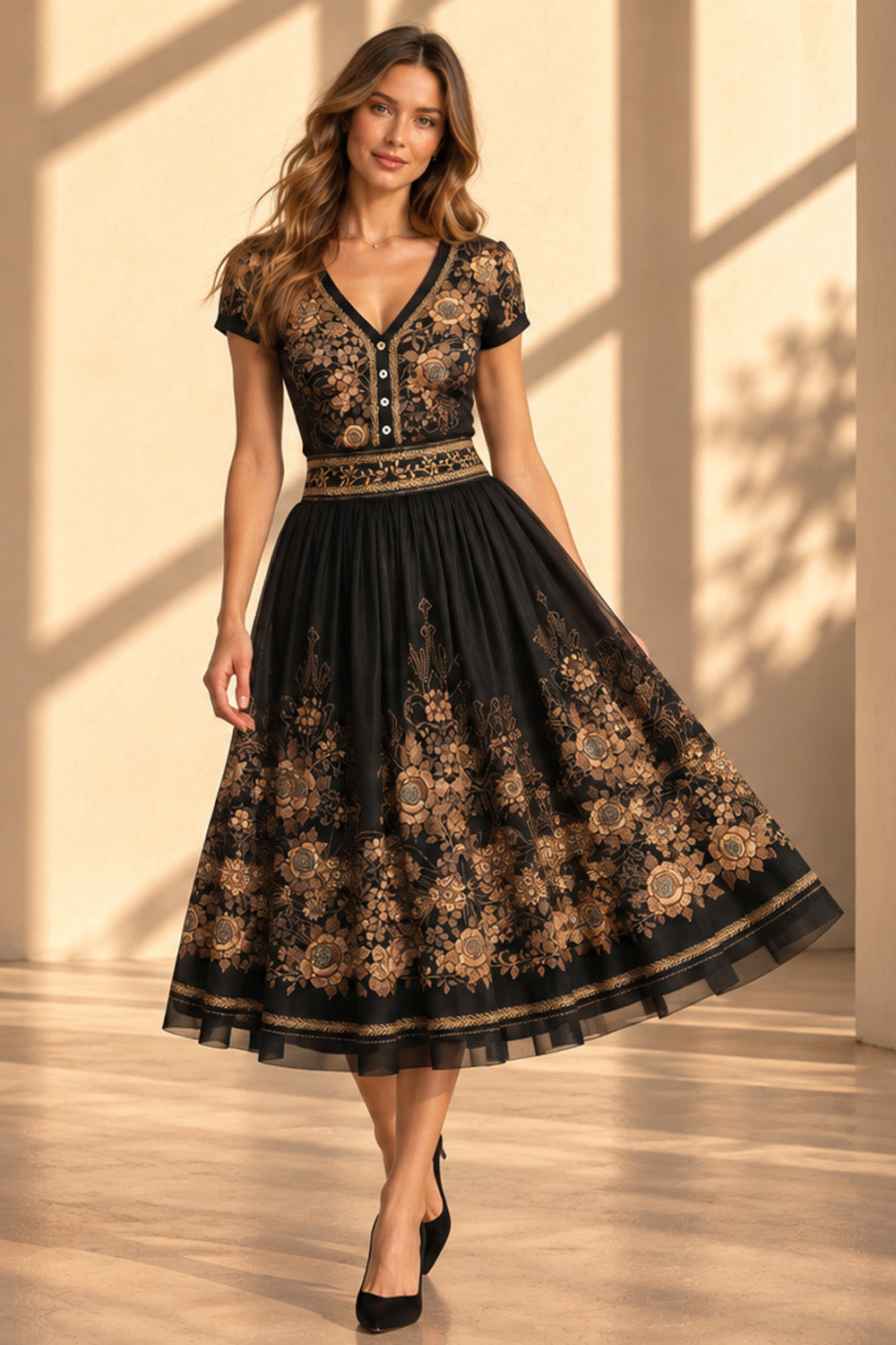 MESH SKIRT WITH ELASTIC WAIST AND VISCOSE LINING - GOLDEN ROSES
